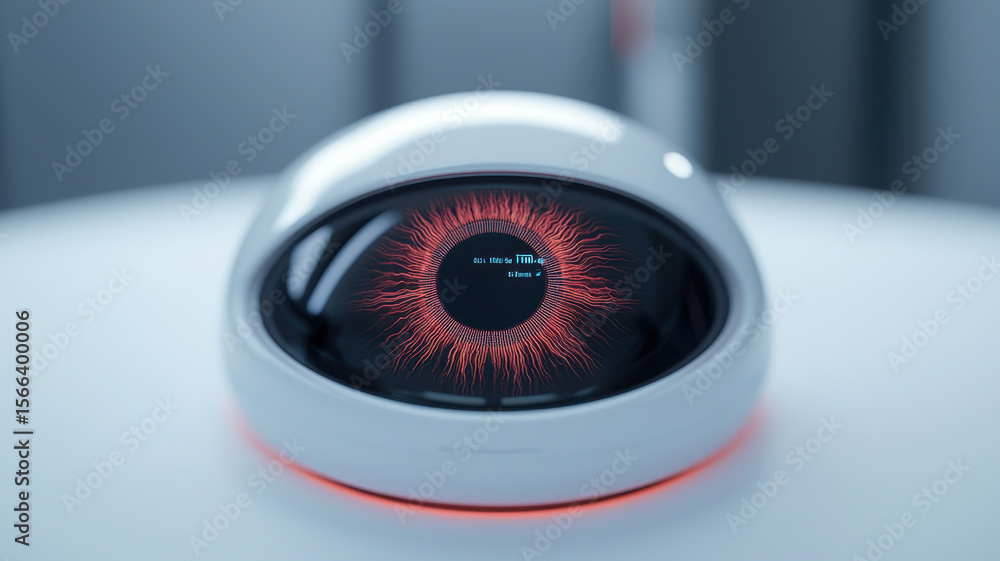 Poster digital eye scan device with glowing red iris and futuristic data display, technology concept with s