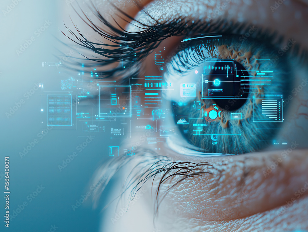 Poster extreme close up of blue eye with digital interface overlay showing futuristic technology and data v