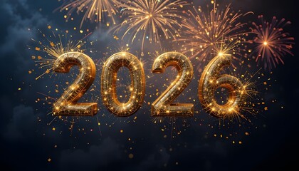 2026 written in bold golden numbers with fireworks bursting behind, festive and luxurious style, new year 2026 concept