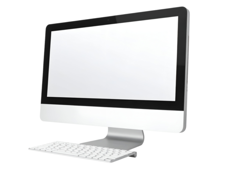 Sleek modern desktop computer with a blank screen and keyboard ready for digital content display - Powered by Adobe