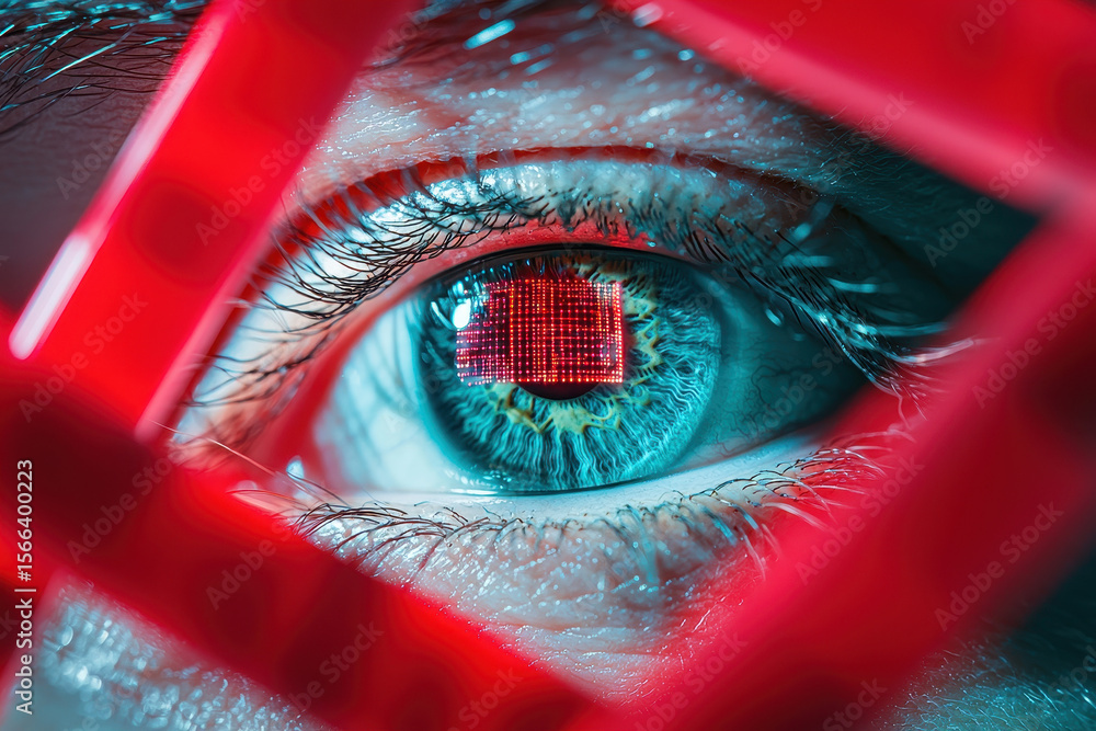 Poster close up of blue eye with digital red light reflection creating futuristic and intense visual effect