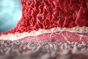 Pulmonary fibrosis progression showing lung tissue with thickened fibrous layer and damaged alveoli detailed medical