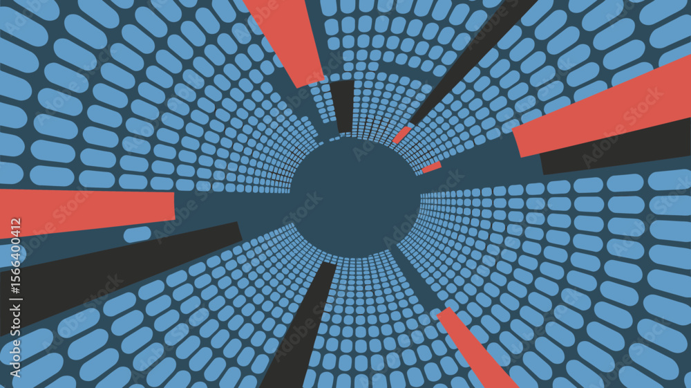 Poster abstract tunnel vision with blue grid pattern and red and black bars radiating from the center