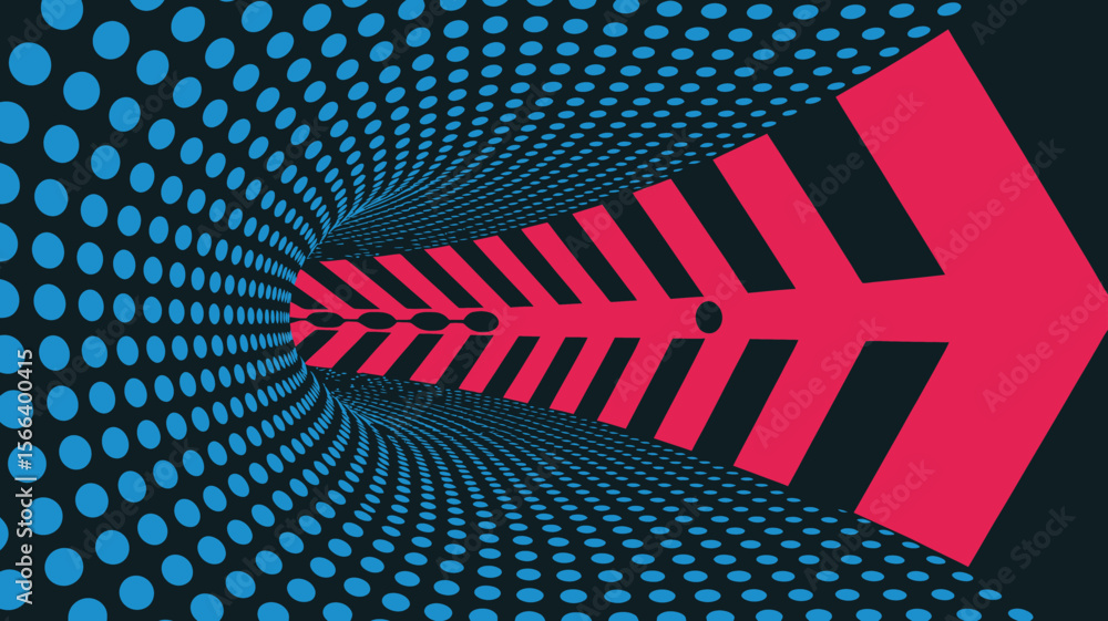 Poster a perspective view of a tunnel with blue dots and a red arrow pointing forward in a dark background
