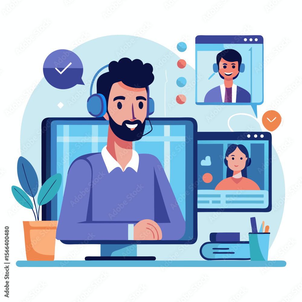 Poster a man wearing headphones is talking to two people on a computer screen. the man is smiling and the t