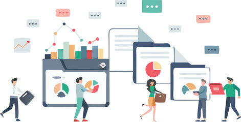 People interacting with data charts and graphs displayed on digital screens and documents around them
