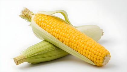Fresh yellow corn on the cob, isolated on clean white background, realistic detail with green husk partially peeled, minimal