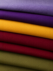 Stack of folded fabrics in rich seasonal colors: lavender, violet, mustard yellow, deep red, and earthy green. Close-up of soft textile textures in harmonious palette.
