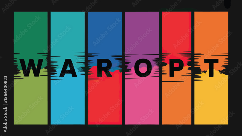 Fototapete a colorful graphic with vertical rectangles and the text waropt overlayed with a brush effect