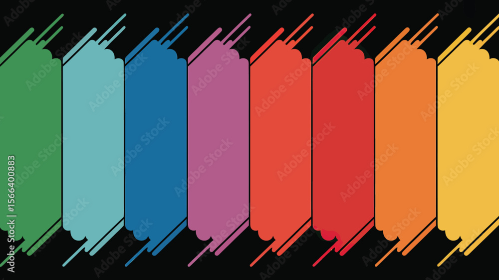 Poster colorful vertical banners with scalloped edges and diagonal lines on a black background in a row des