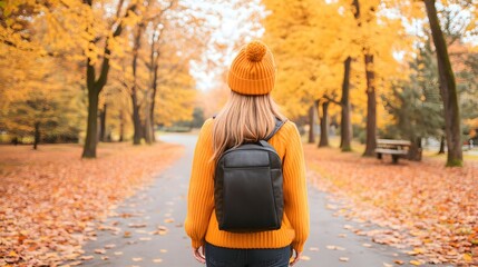 Woman with backpack walks on path in autumn park with orange leaves.