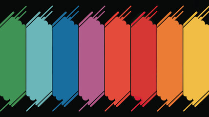 Fototapeta premium Colorful vertical banners with scalloped edges and diagonal lines on a black background in a row design