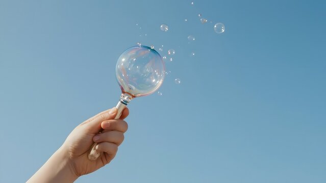 Woman's hand holding a soap bubble against the blue sky background. - Powered by Adobe