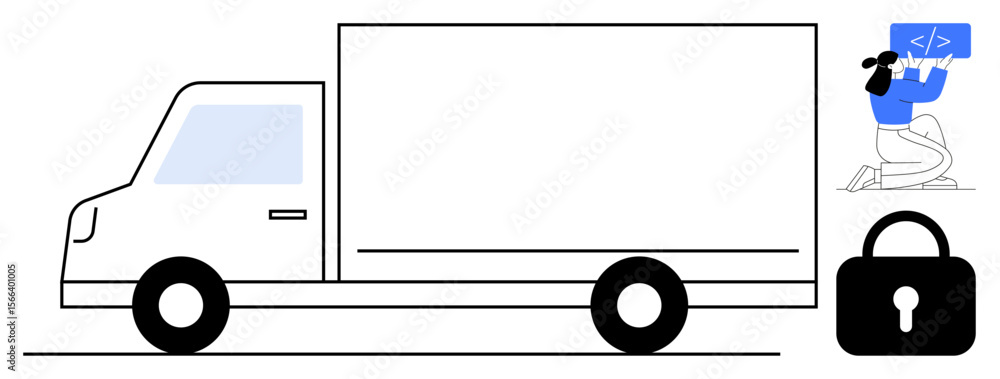 Poster delivery truck illustration next to a programmer holding a code screen and a security padlock, symbo