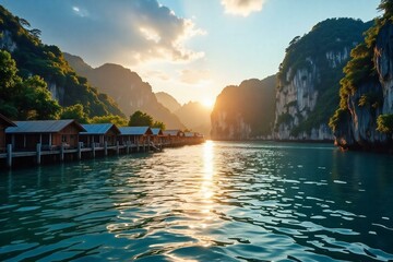 Rustic Wooden Huts in Tropical Lake Scene.