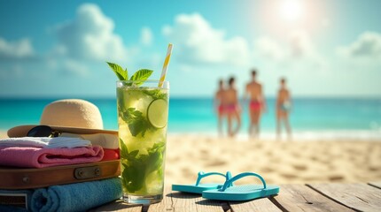 Suitcase with Summer Clothes, Hat, and Flip-flops on Beach.