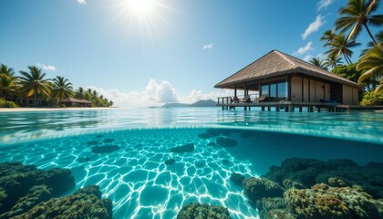 Rustic Hut in Tropical Beach Scene.