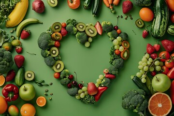 Heart Shape Made From Various Fresh Fruits and Vegetables on Green Background