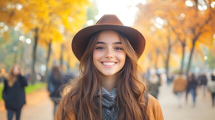 Smiling woman with hat in autumn park with blurred people background.