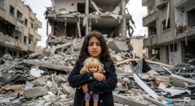 Young Palestinian girl standing in front of a completely destroyed residential building. The scene captures the contrast between childhood innocence and the brutal reality of war and displacement.