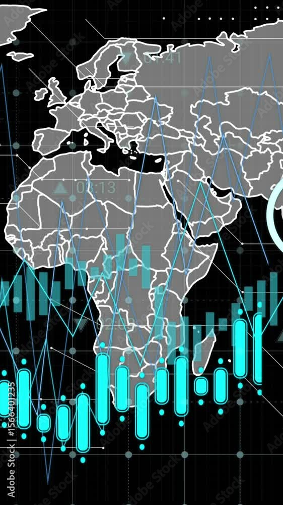 Poster animation of graphs with changing numbers and icons over map against black background