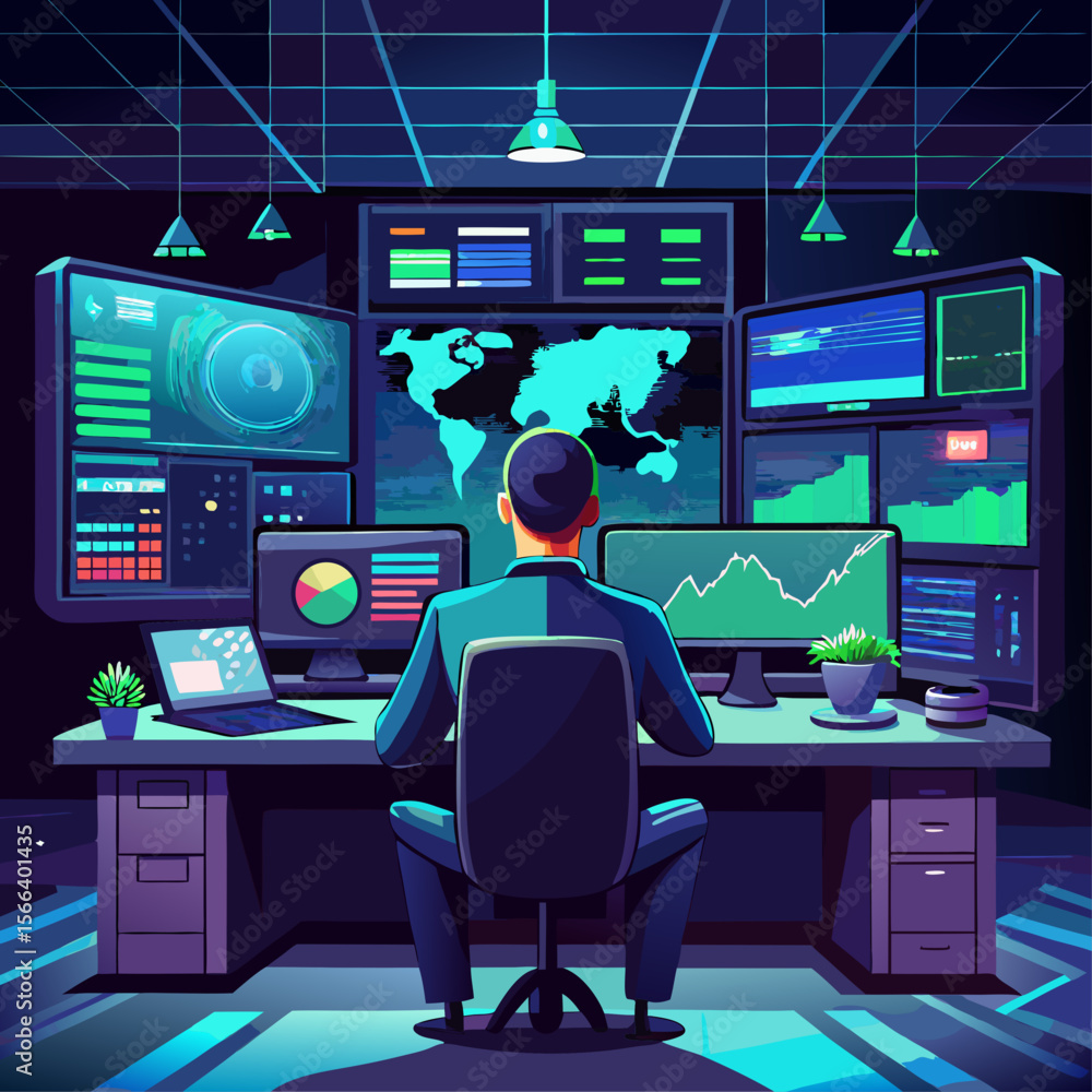 Poster a man is sitting at a desk with multiple computer monitors and a keyboard. he is focused on his work