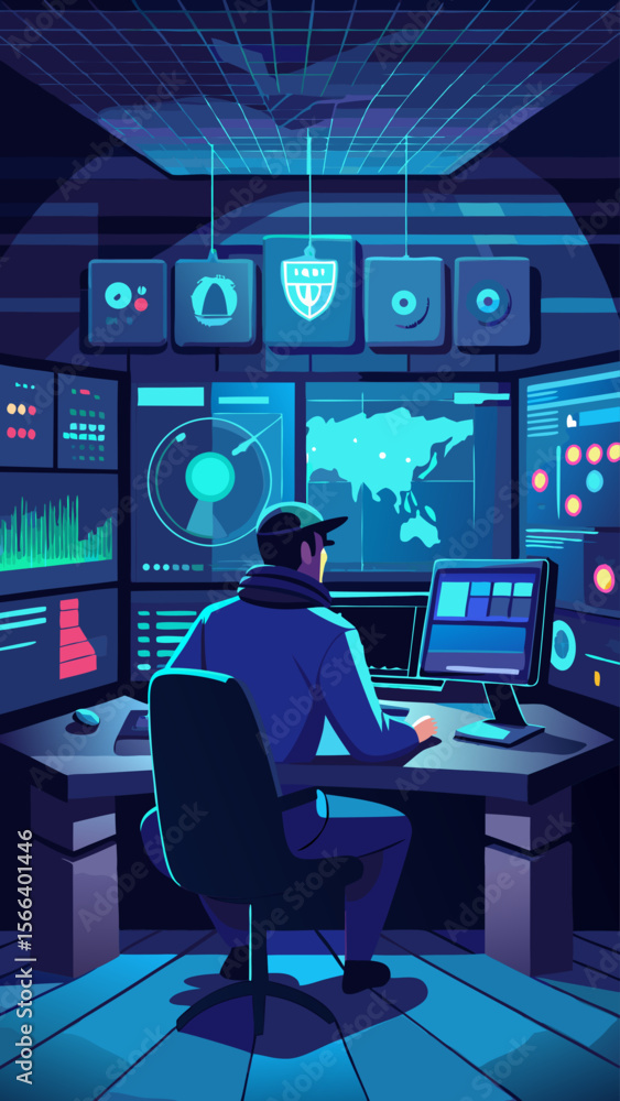 Poster a man is sitting at a desk with multiple computer monitors and a keyboard. he is focused on his work