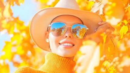 Woman smiles wearing sunglasses and hat surrounded by yellow leaves against a blue sky.