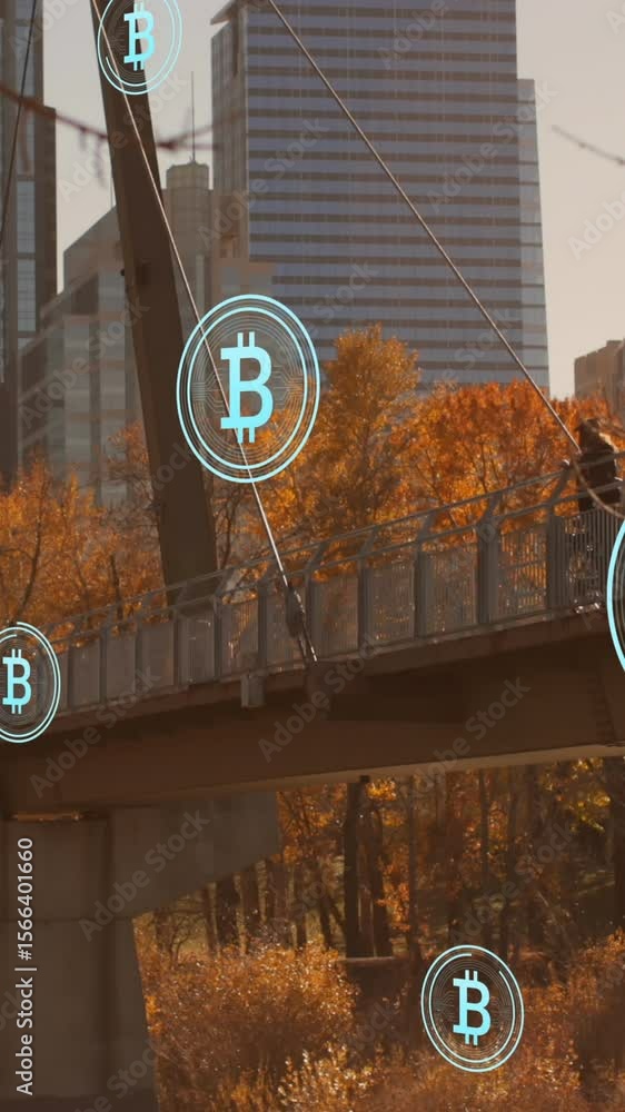 Poster animation of multiple bitcoin icons floating against view of city bridge