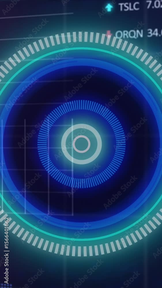 Poster animation of neon round scanner spinning over statistical and stock market data processing