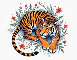 Full body tiger vector illustration in a crouching pose surrounded by colorful blooming flowers. Generate AI