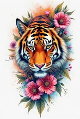 Vector illustration of tiger head t-shirt design with colorful flowers blooming. Generate AI