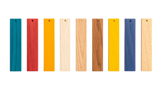 Colorful Wooden Bookmarks Five Vibrant Bookmark Designs for Book Lovers isolated on a solid white background in Png 