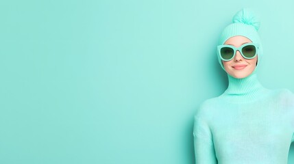 Woman wearing matching hat sweater and sunglasses against a light blue background.