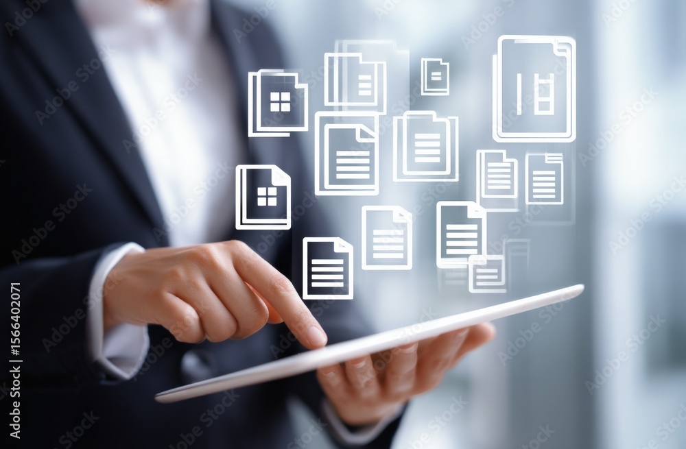 Fototapete Businessman Using a Digital Tablet with Floating Cloud Storage Icons and Document Files for Data Management and Cloud Computing Concept