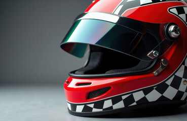 Racing helmet with checkered pattern and tinted visor on a neutral background