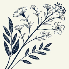 Elegant floral illustration dark blue silhouettes on beige background