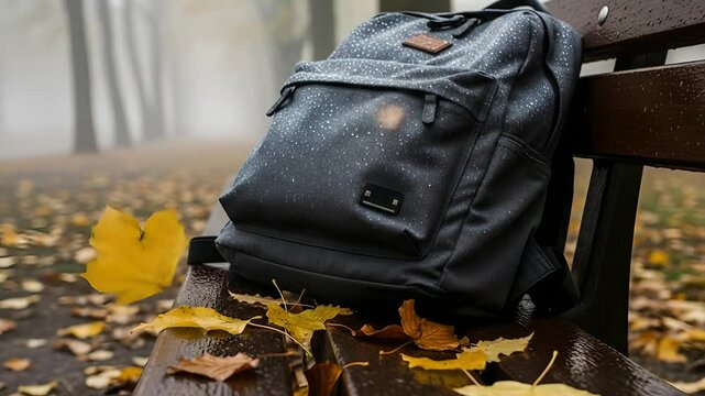 Backpack on park bench in misty autumn, fall leaves swirling. Ideal for school, travel, studying, college, academics, seasonal themes, lost items, autumn nostalgia.