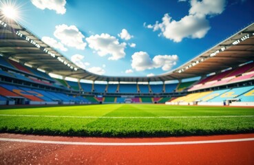 A wide view of an empty sports stadium with a bright blue sky and scattered clouds