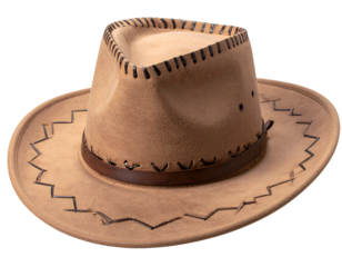 Authentic light brown suede cowboy hat featuring detailed stitching and a classic leather band.