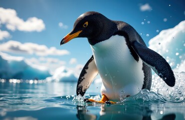 Obraz premium A penguin wades through icy water with a bright blue sky and clouds in the background