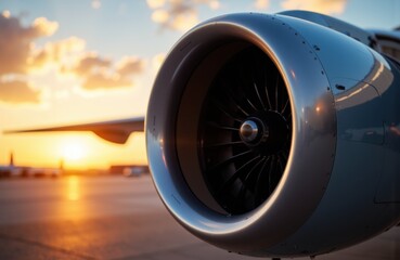 Jet engine turbine with sunset sky in background