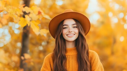 Smiling woman wearing a hat and sweater stands against a blurred autumn background.