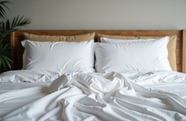 A neatly made bed with white linens and pillows in a modern bedroom setting