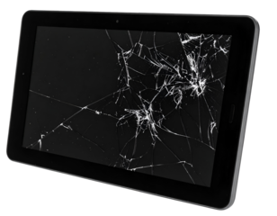 A sleek portable tablet suffers significant damage, its glass screen completely fractured into a striking pattern.