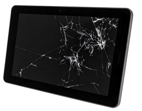 A sleek portable tablet suffers significant damage, its glass screen completely fractured into a striking pattern.