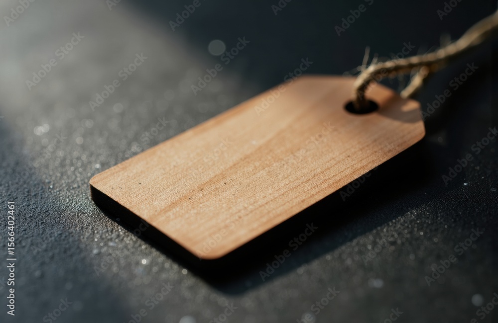 Poster wooden tag with a string lying on a dark surface, close-up shot highlighting texture and natural col