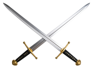Two gleaming medieval swords cross in a powerful display of historical weaponry and symbolic conflict