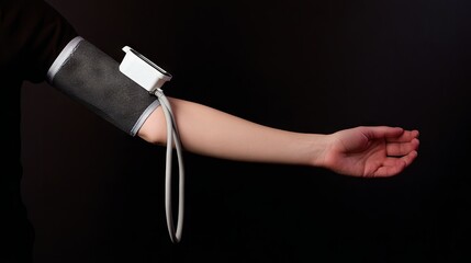 Arm of a person with a blood pressure monitor cuff applied, showcasing the medical device in use against a dark background, emphasizing health monitoring and wellness