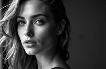 Fototapeta premium Woman with wavy hair and intense gaze looks directly at the camera in black and white portrait
